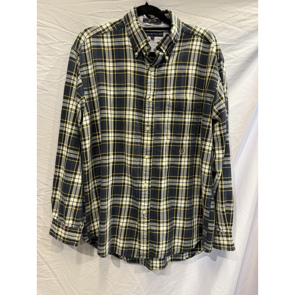 Tommy Hilfiger Cotton Plaid Button-Down Shirt Navy Yellow Men's Long Sleeve L